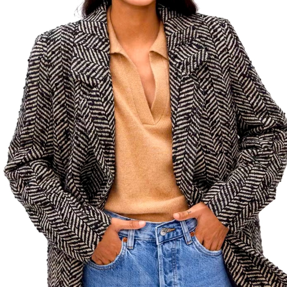 Mango Wool Blend Double Breasted Herringbone Blazer NWT